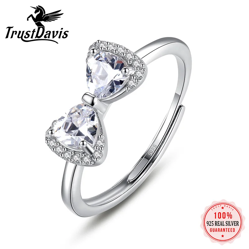

TrustDavis Real 925 Sterling Silver Sparkling Bowknot Adjustable Rings Women Pave AAA CZ Engagement Fashion Jewelry Gift L214