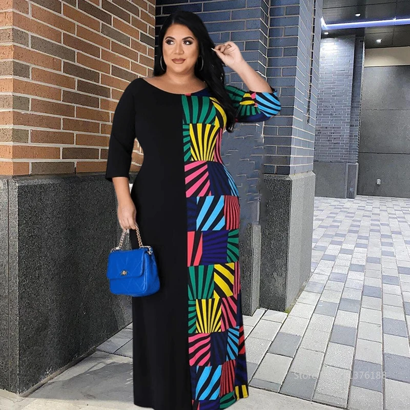 

Plus Size Dresses for Women Elegant Long Sleeve Maxi Dress Stretchy Ladies Black Vintage Retro Dress Wholesale Dropshipping