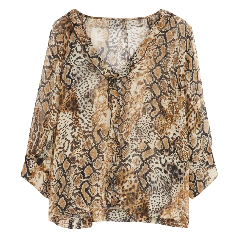 

Women Shirt Fashionable Wild Animal Pattern Thin Section Small Ruffled V-neck Three-quarter Sleeve Top Loose Comfortable Shirt