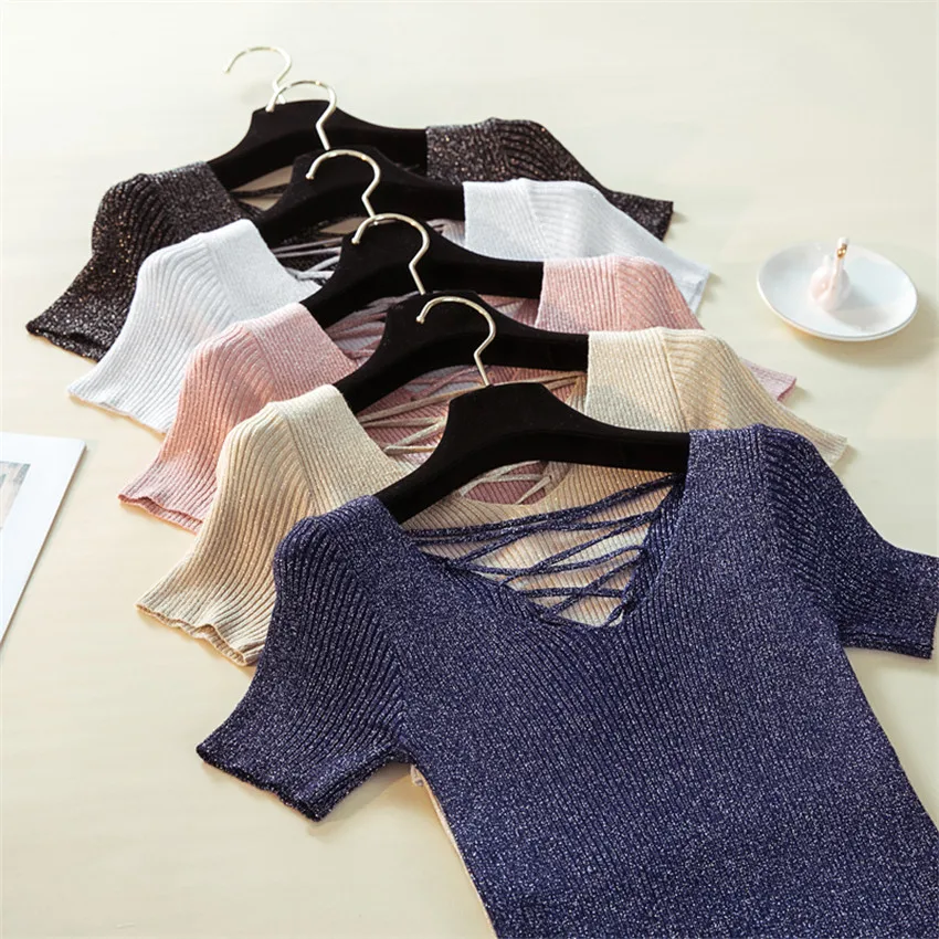 2020 Летняя трикотажная футболка с коротким рукавом женские блестящие трикотажные