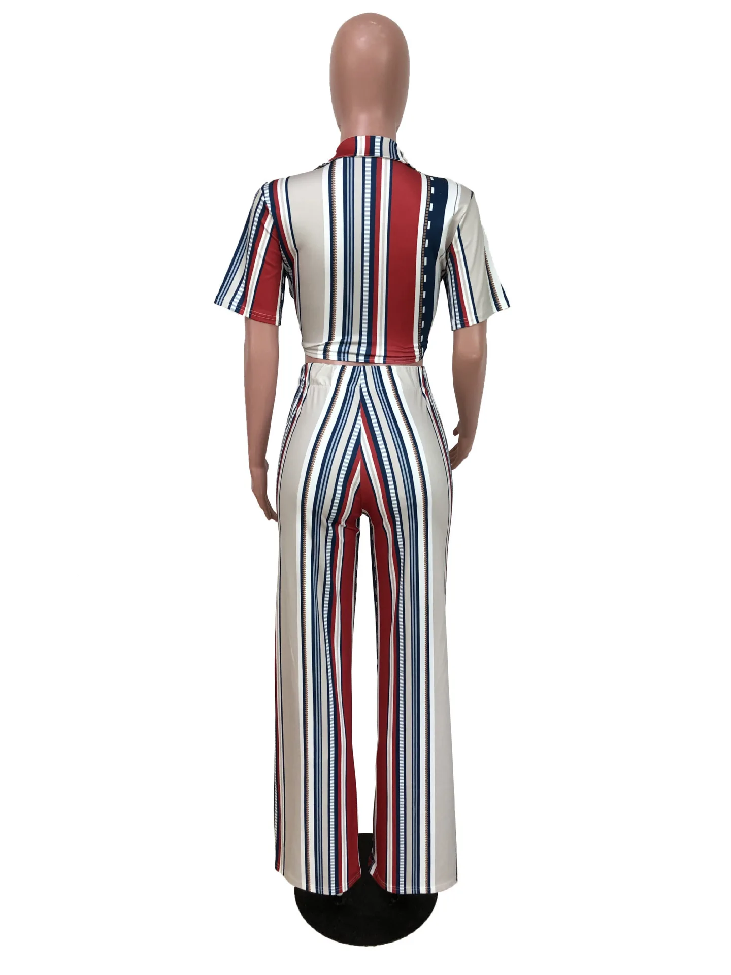 Boho полосатый Печатный комплект из двух частей для женщин с отложным воротником и коротким рукавом, укороченный топ с высокой талией, широкие брюки, повседневные Костюмы