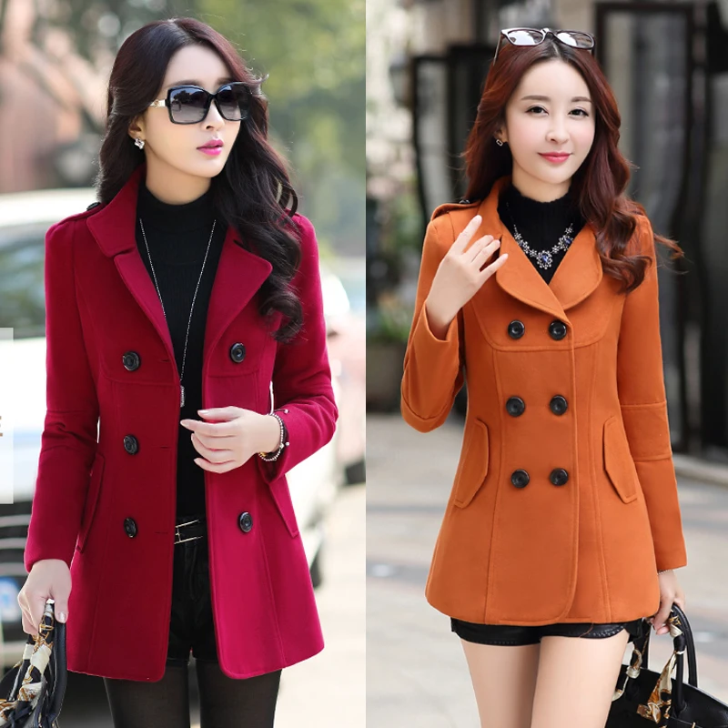 Женское двубортное пальто с отложным воротником приталенное шерстяное ярких