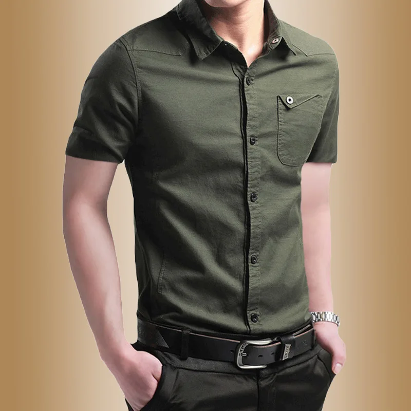 Hot Sale Men's Shirt Short Sleeve 2020 New Arrival Fashion Male Cotton Slim Fit Military Casual Business Shirts Epaulette Pocket | Мужская