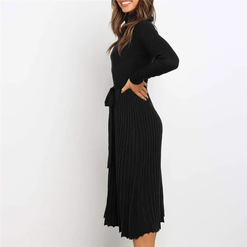 Модные женские зимние платья с высоким воротом 2019 приталенное Повседневное