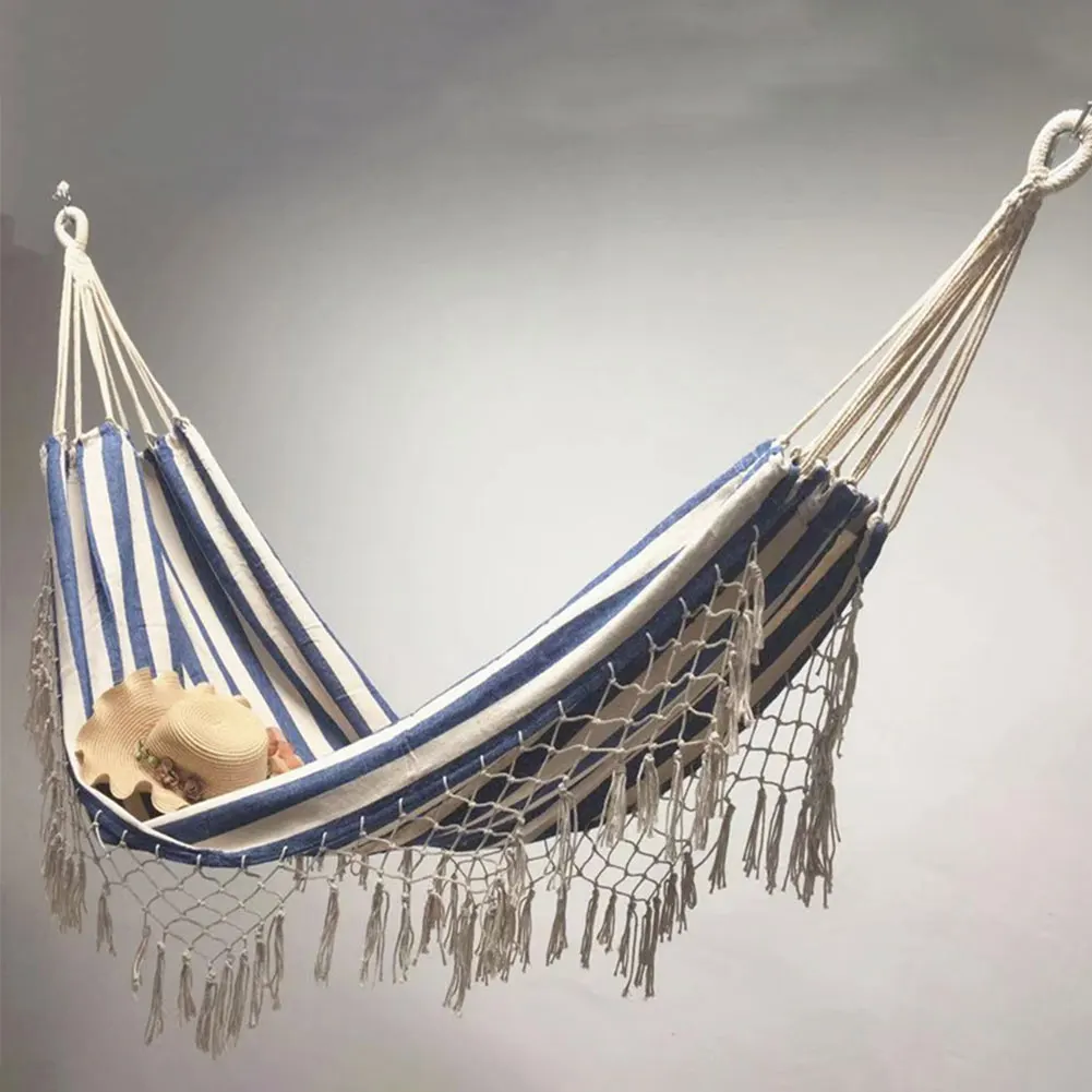 

200*100cm Canvas Tassel Hammock Outdoor Indoor Camping Outdoor Supplies Portable Foldable Striped Blue and White Striped Hammock