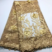 gold african lace fabric with appliques stones for party dress high quality embroidery 3d flowers nigerian lace fabric m28431