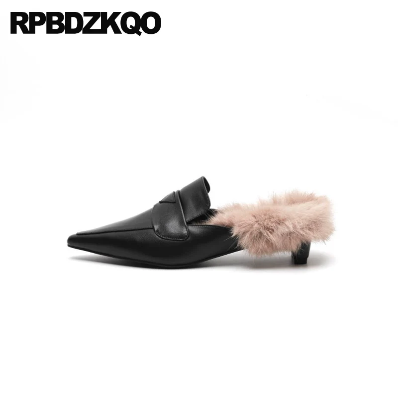 

Fashion Brown Slip On Flats Genuine Leather Pointed Toe Female Designer Shoes China Black Fur Chinese Mules Women 2021 Ladies