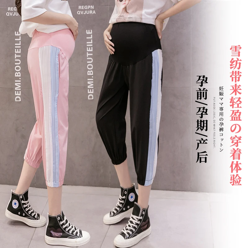Шифоновые брюки Капри для беременных в полоску сбоку летняя одежда большого