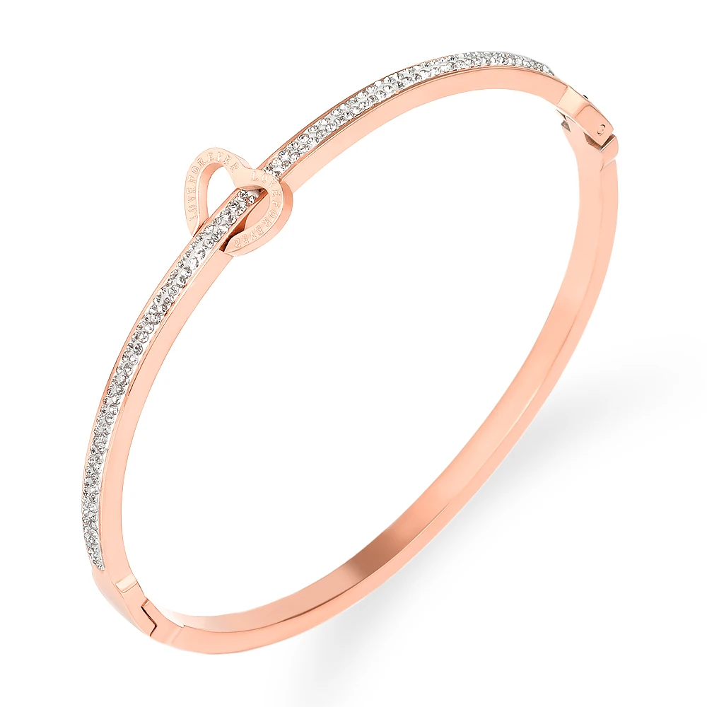 

2021 Summer Good Quality New Style Rose Gold Stainless Steel Heart Forever Rhinestone Cuff Bangle Bracelet Jewelry For Women