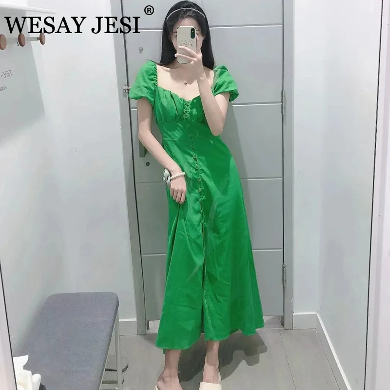 

WESAY JESI 2021 Summer Chic Dress Fashion With Buttons Women Solid Green Dress Pleated Puff Short Sleeve Ladies Casual Dress