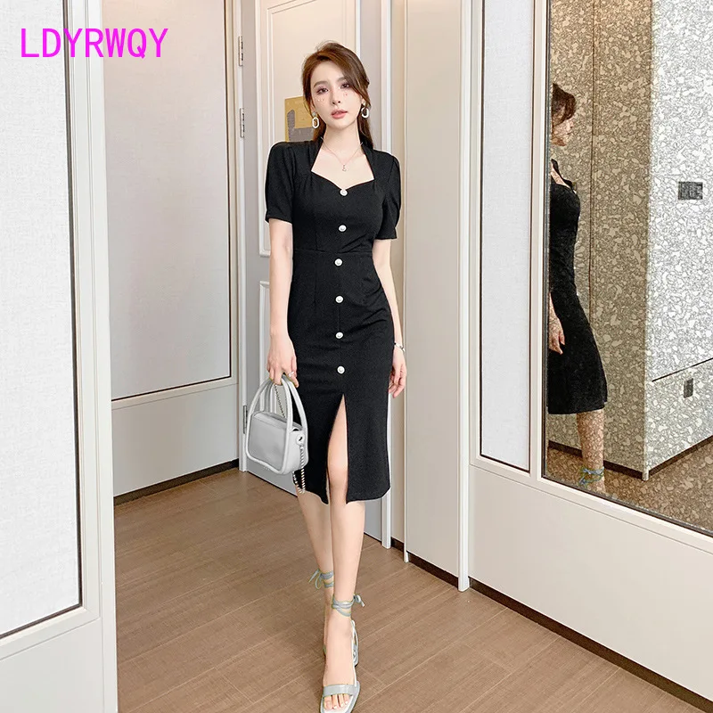 

LDYRWQY 2021 new summer Korean fashion Slim button slit temperament ladies zipper bag hip short-sleeved dress