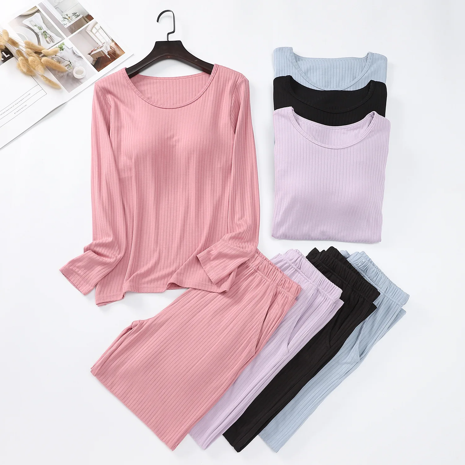 Fdfklak Modal Cotton Homewear Ladies Pajamas Free Bra Cup Long Sleeve Trousers Suit Casual Pyjamas Women Winter 2 Piece Set