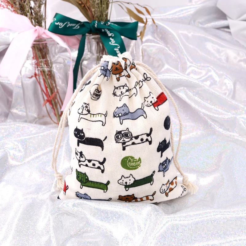 

5pcs 14*16cm Handmade cat Cotton Linen Storage Package Bag Drawstring Bag Small Coin Purse Travel Women Wedding Gift Packaging