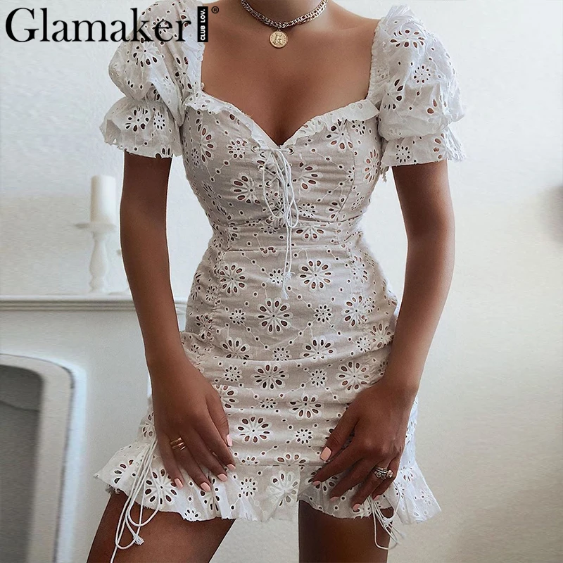 Женское хлопковое платье с вышивкой Glamaker белое ажурное пышными рукавами