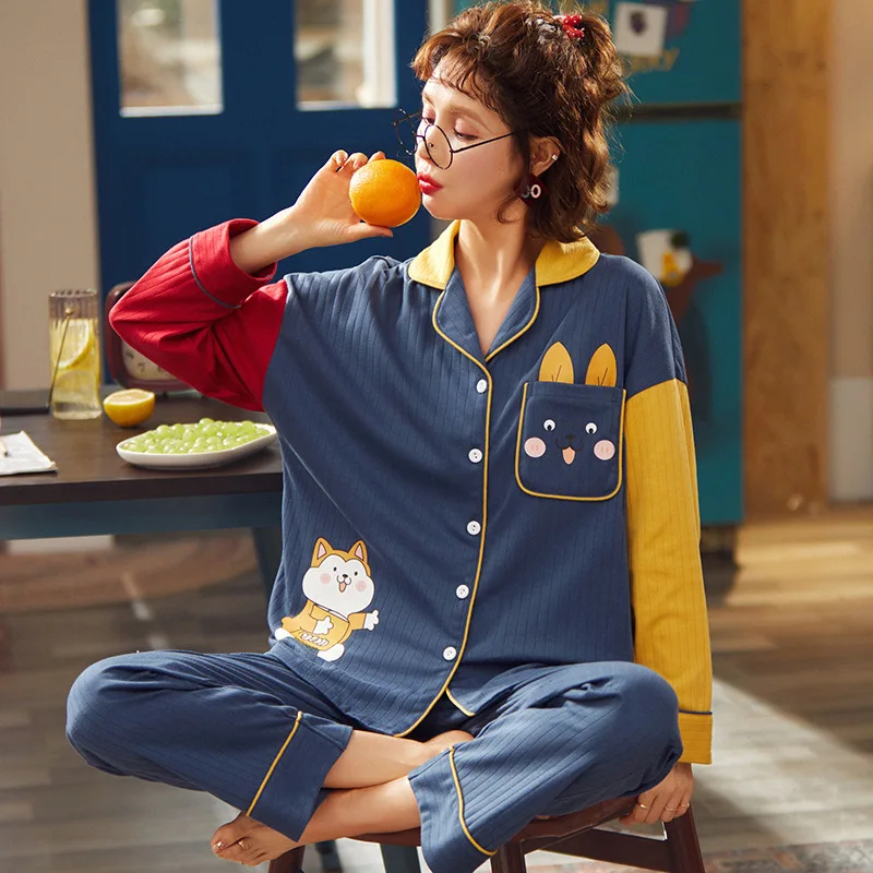 

Autumn Warm Sleepwear Long Sleeve Cute Pyjamas Loose Pajama For Women Cotton Cartoons Plus Size Homewear HN Women Pajamas Set