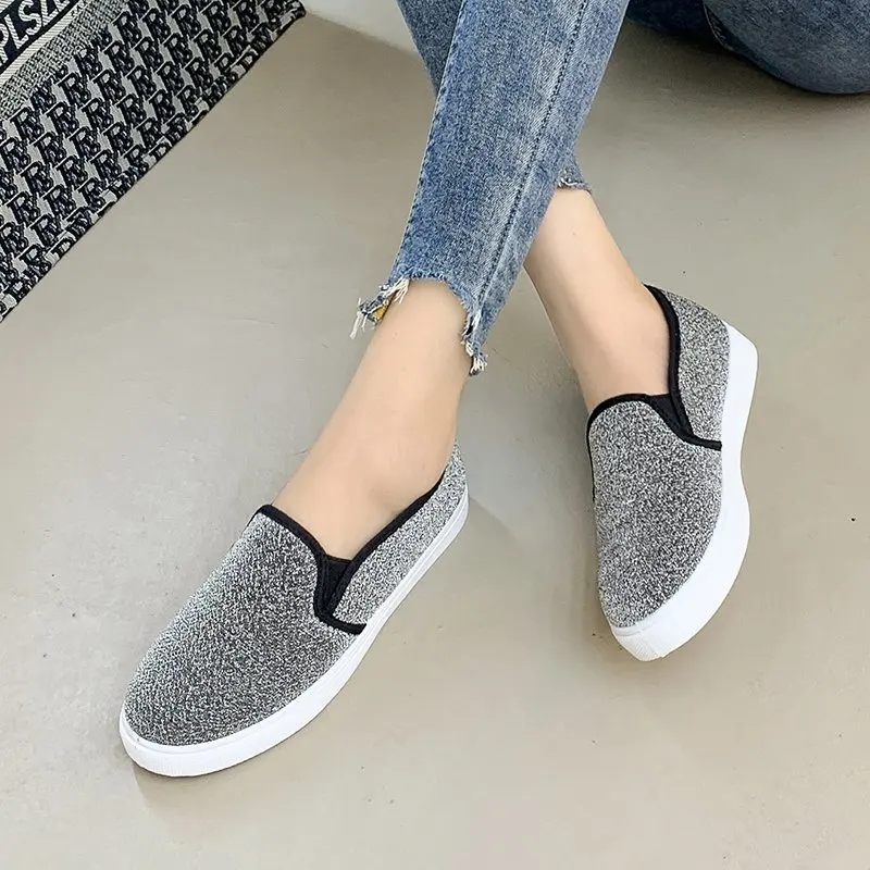 

Женские кроссовки с блестками, однотонные парусиновые кроссовки на вулканизированной подошве, Повседневная дышащая обувь на выход, весна-о...