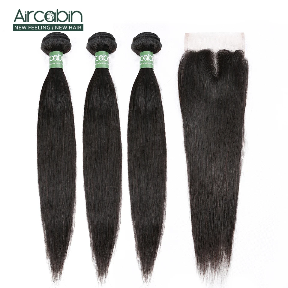 Aircabin прямые пучки волос с закрытием индийский волос Remy Weave Связки и кружева закрытия для наращивания натуральный черный