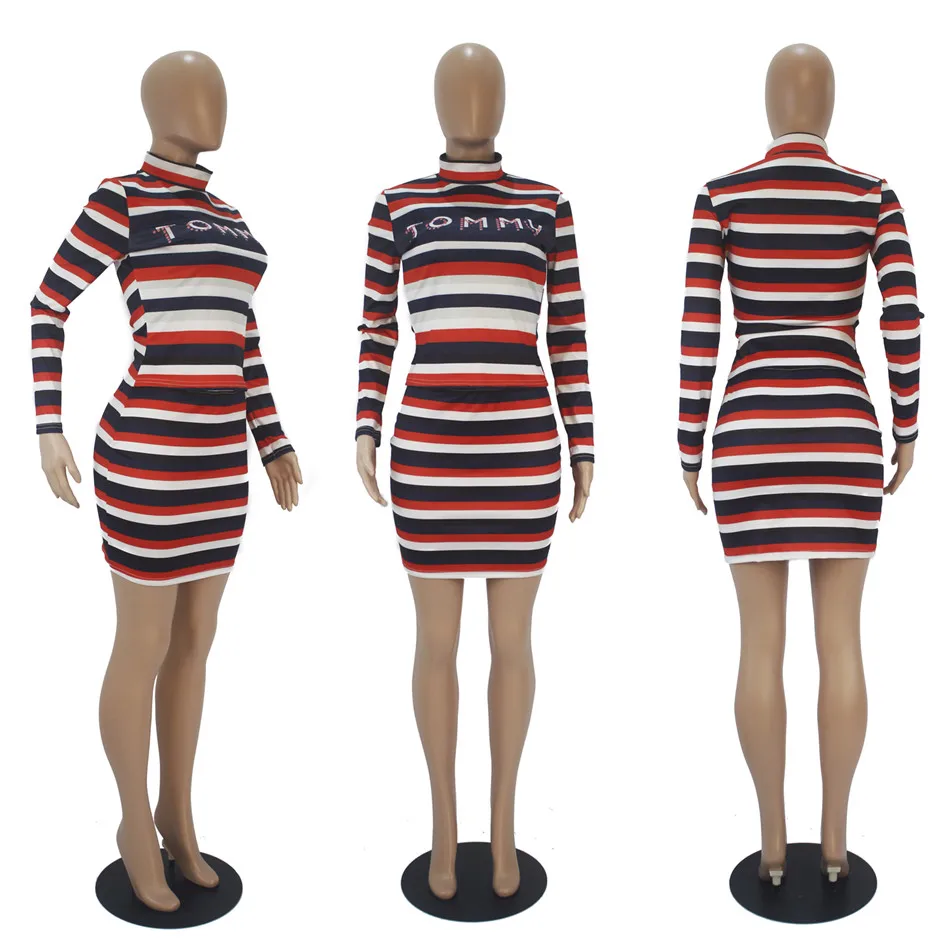 

Women's Sets casual fashion stripe letter printed crew neck long sleeve short skirt set