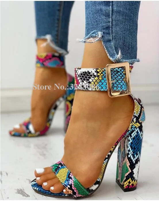

Sexy Snakeskin Leahter Chunky Heel Women Sandals New Fashion Big Bucke Strap Mixed Color Concise Style Dress Sandals Shoes Lady
