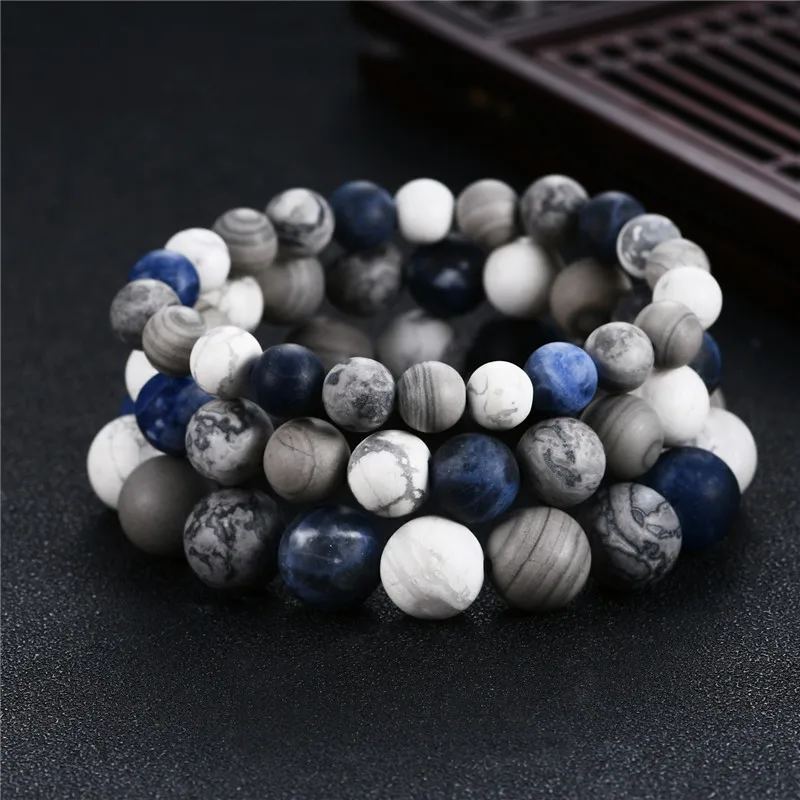 Top Natural Blue-vein Stone Bracelets Charm Blue Planets Series in The Universe Matte Frosted Amazonite Stone Beads Bracelet Men images - 6
