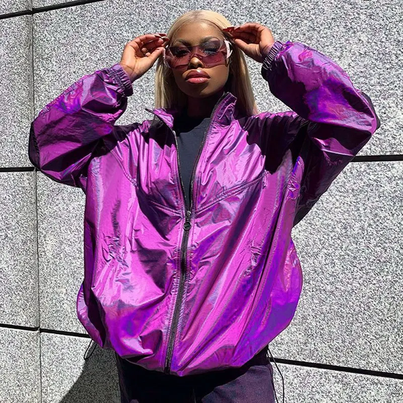 

Streetwear Purple Holographic Oversized Jackets Woman Fall Zip Up Metallic Windbreaker Hip Hop Coat