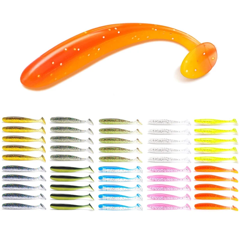

50PCS 7cm 2g T Tail Wrom Fishing Lures Soft Lure Artificial Bait Tackle Jerkbaits Pike Bass Double Color Baits
