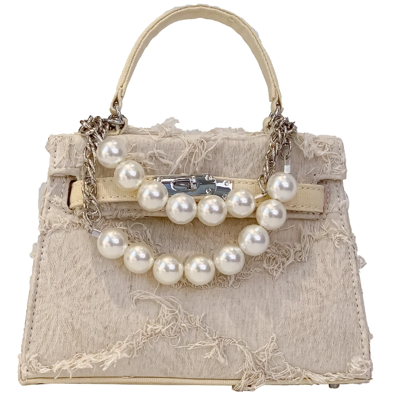 

2021 Fashion New Women Handbags Canvas Bag Pearls Decoration Lady Flap Bags Bolso Cintura Mujer