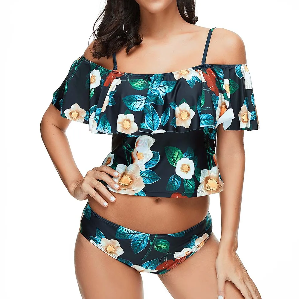 Рюшами Купальники Для женщин 2019 с цветочным принтом купальник из двух частей