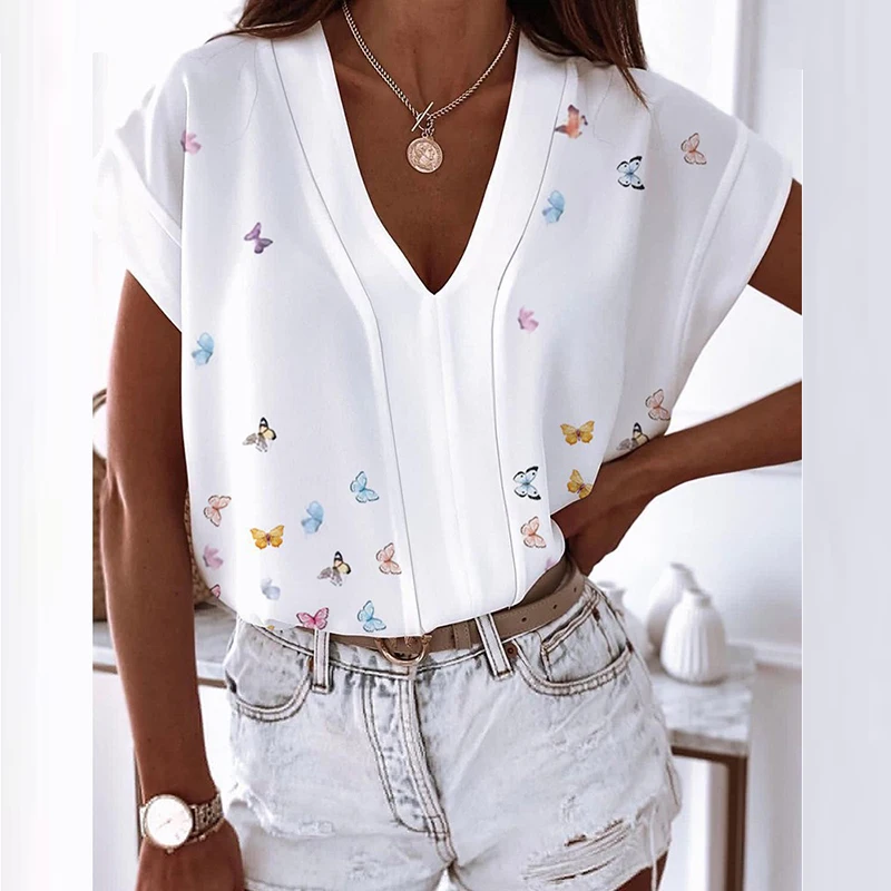 

Casual Loose Women V-Neck Print Blouse Elegant Short Sleeve Office Lady Shirt Top Summer Pullover Femme Streetwear Shirt Blusas