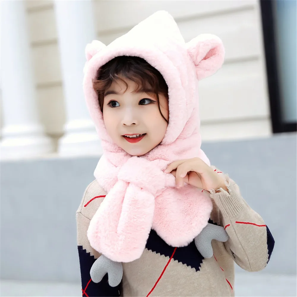 

Winter Cartoon Hooded Scarf Two-in-one Children's Hat Faux Sheep Plush Baby Windproof And Cold Warm Hat Baby Winter Hat
