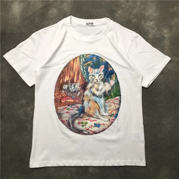 

2020 New Men Novelty Cat oil Painting T Shirts T-Shirt Hip Hop Skateboard Street Cotton T-Shirts Tee Top kenye S-XXL #K20