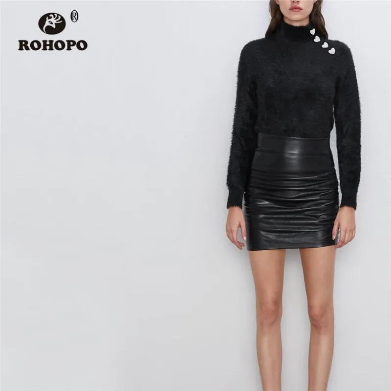 ROHOPO высокий воротник искусственный мех сердце пуговицы плечи черный белый