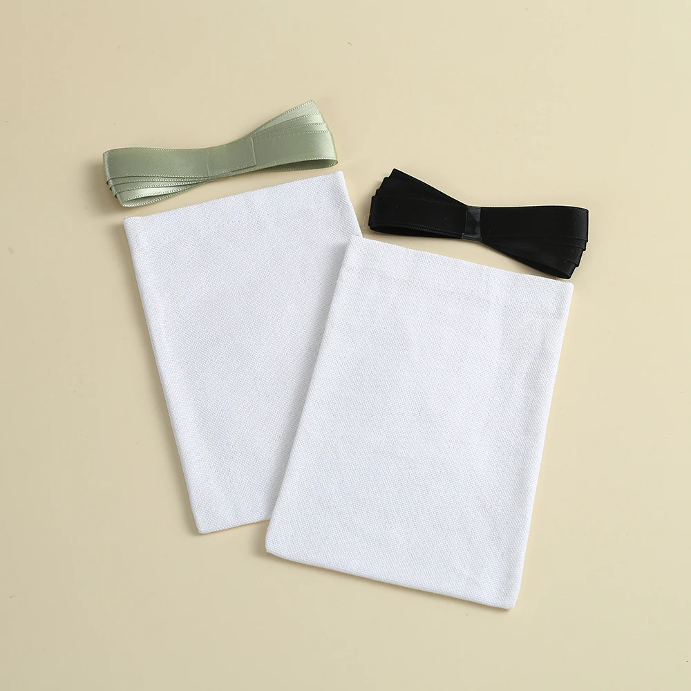 50pcs White Cotton Burlap Jewelry Bag with Ribbon Custom Logo Can Choose Ribbon Color Pouch for Wedding Christmas Candy Gift Bag