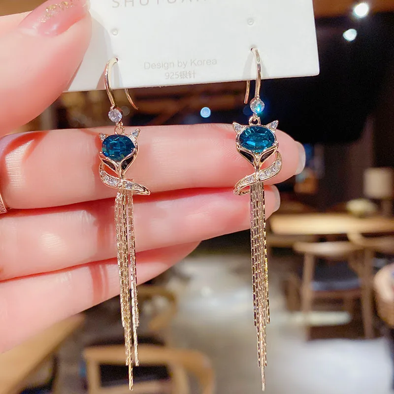 

Personality Fashion Crystal Fox Earring Tassel Long Earrings For Women Korean Fashion Earrings Birthday Praty Gift Jewelrys