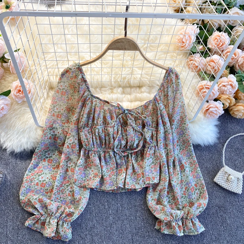 

Xianqi sweet chiffon shirt female Han Fan small fresh floral bubble sleeve short top spring 2021 new female