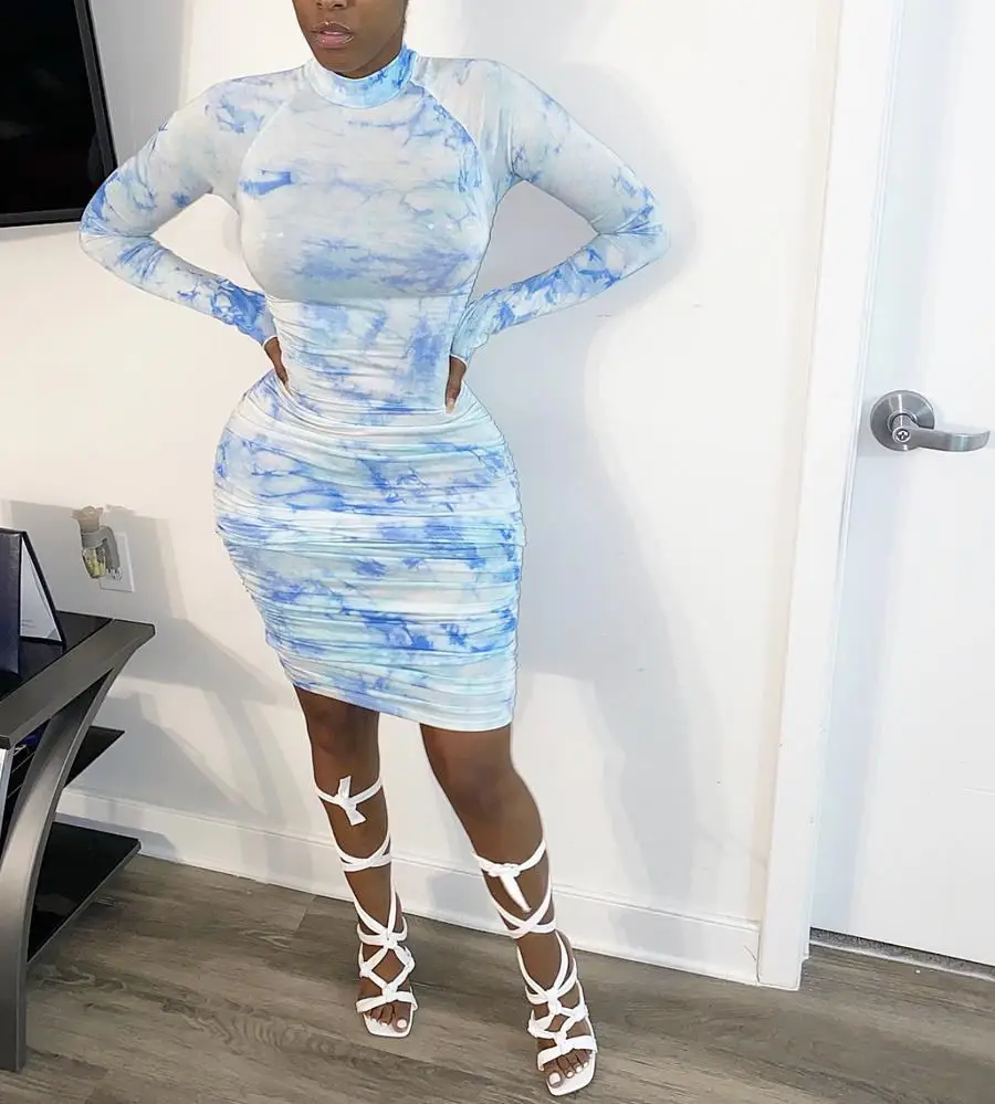 

Tie Dye Stacked Turtleneck Maxi Women Dress 2021 Autumn Fashion Skinny Dress For Women Sexy Clubwear Mini Dresses