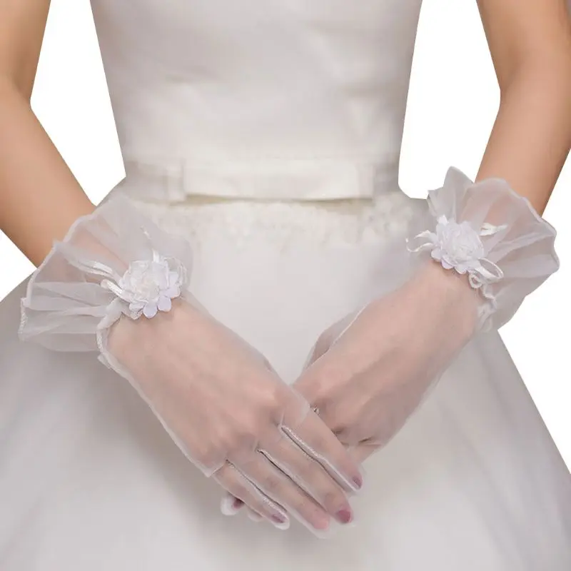 

41XC Bridal Gowns Accessories Thin Mesh Flowers with Fingers Short Gloves Fashion Glamour Lady Party Role Playing Glove