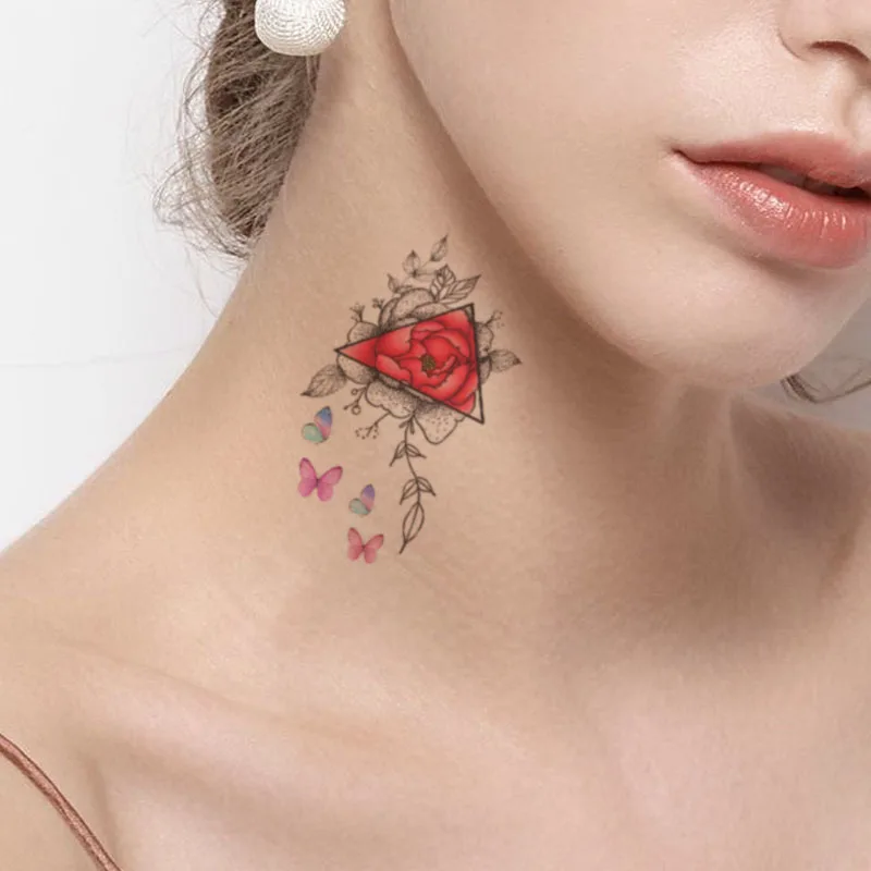 

Pink Butterfly Waterproof Temporary Tattoo Sticker Red Flower Triangle Fake Tattoos Flash Tatoo Neck Legs Body Art for Women Men