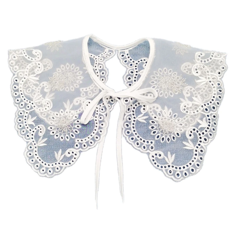 

Women Vintage Beaded Sunflower False Collar Shawl Embroidery Leaves Sheer White Necklace Poncho Self-Tie Bowknot Shoulder 35EF