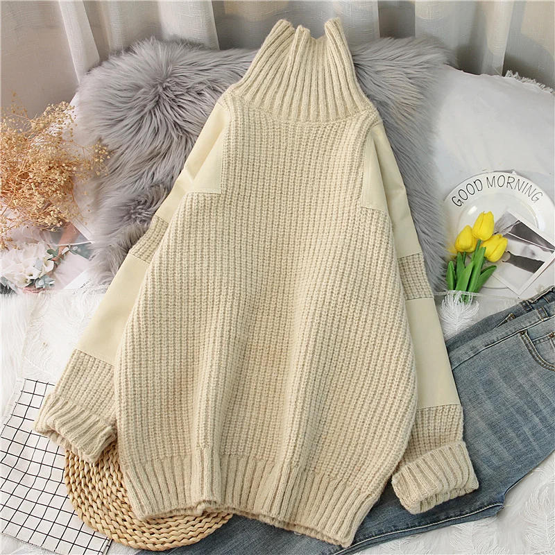 

Women Sweaters Autumn Winter Tops Loose Mock Neck Batwing Patchwork Long Sleeve Coarse Yarn Thicken Knitted Pullover A0096