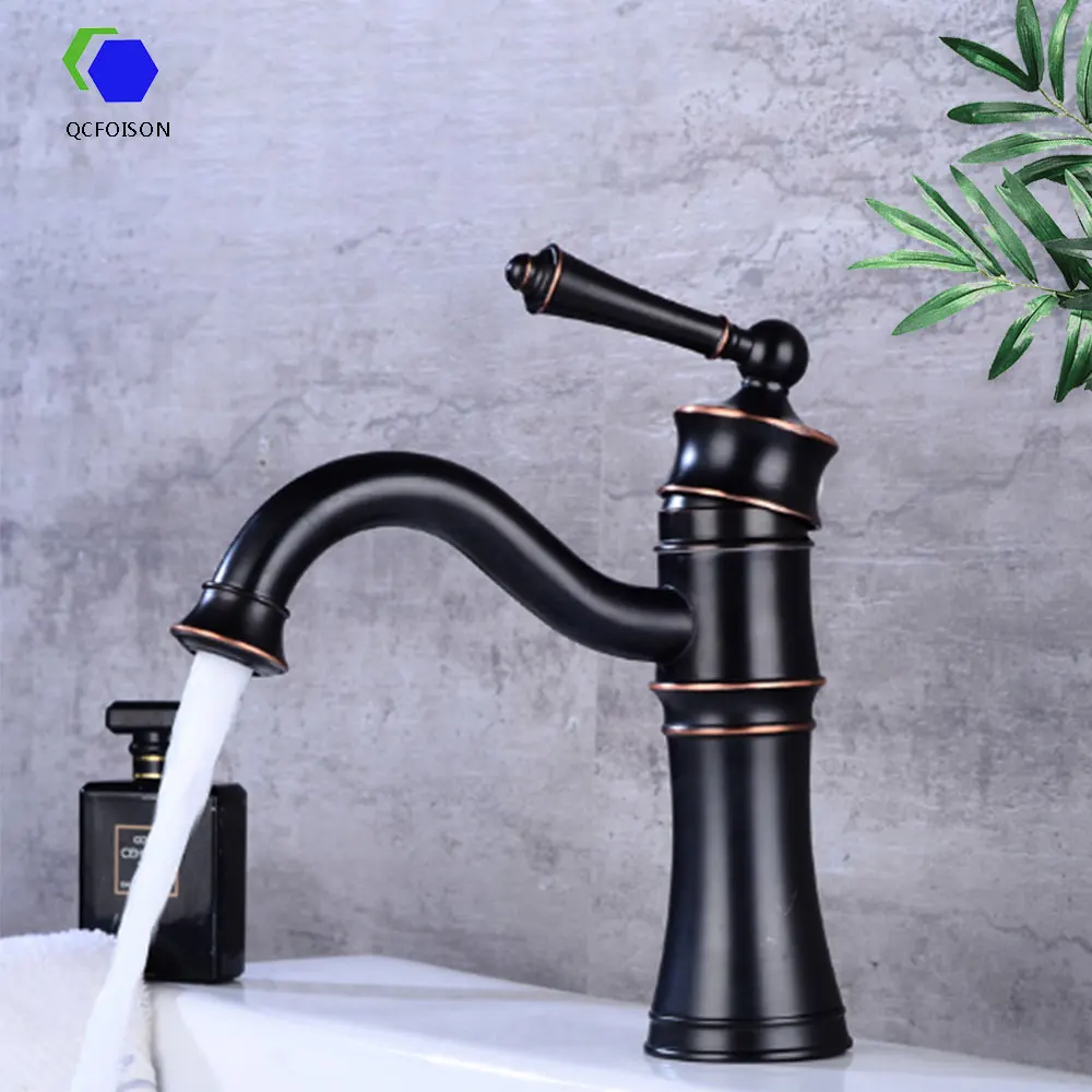 

QCFOISON European style antique cold and hot black faucet copper retro bathroom basin tap orb sanitary ware washbasin tap