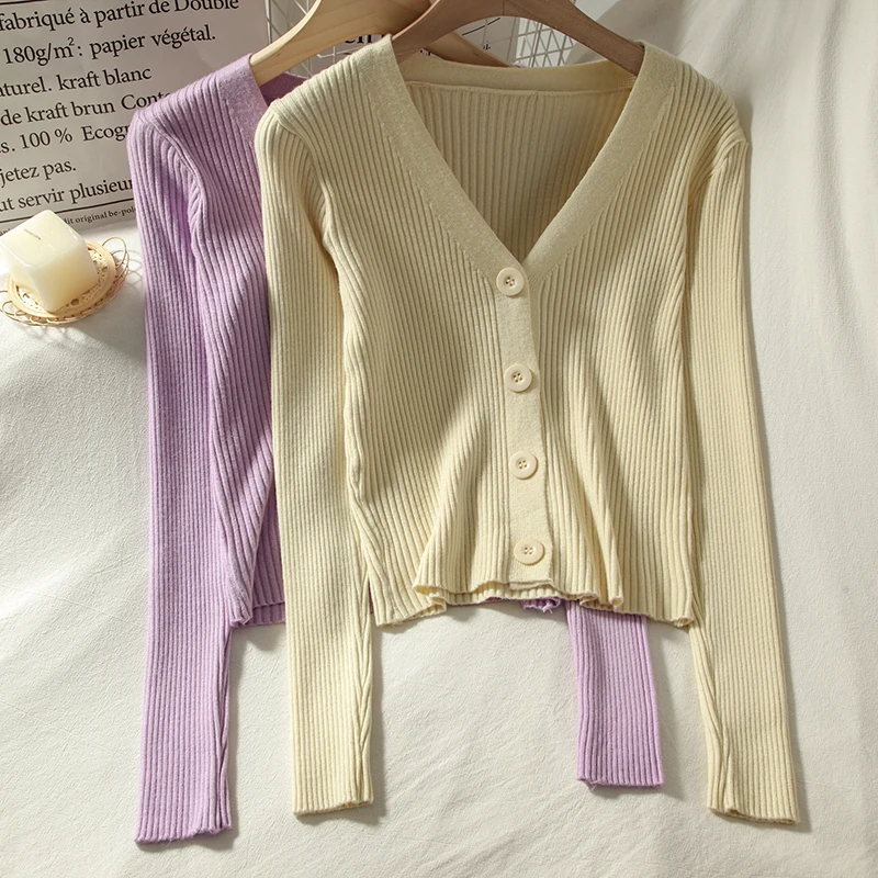 

Short Long-sleeve Striped Sweater Women 2022 Autumn Korean Fashion Sweater Loose Thin V-neck Cardigan New Tops All-match 16999