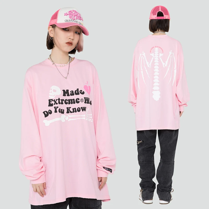 

Hip Hop Long Sleeve Letter Foam Skull Print Oversize Tshirts Mens and Womens Retro Casual Summer T-shirt Loose Hip Hop Tees