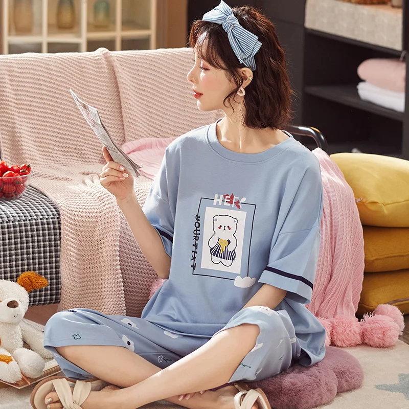 Летние пижамы из хлопка ночная рубашка для женщин одежда сна костюм детские пижамные комплекты с героями