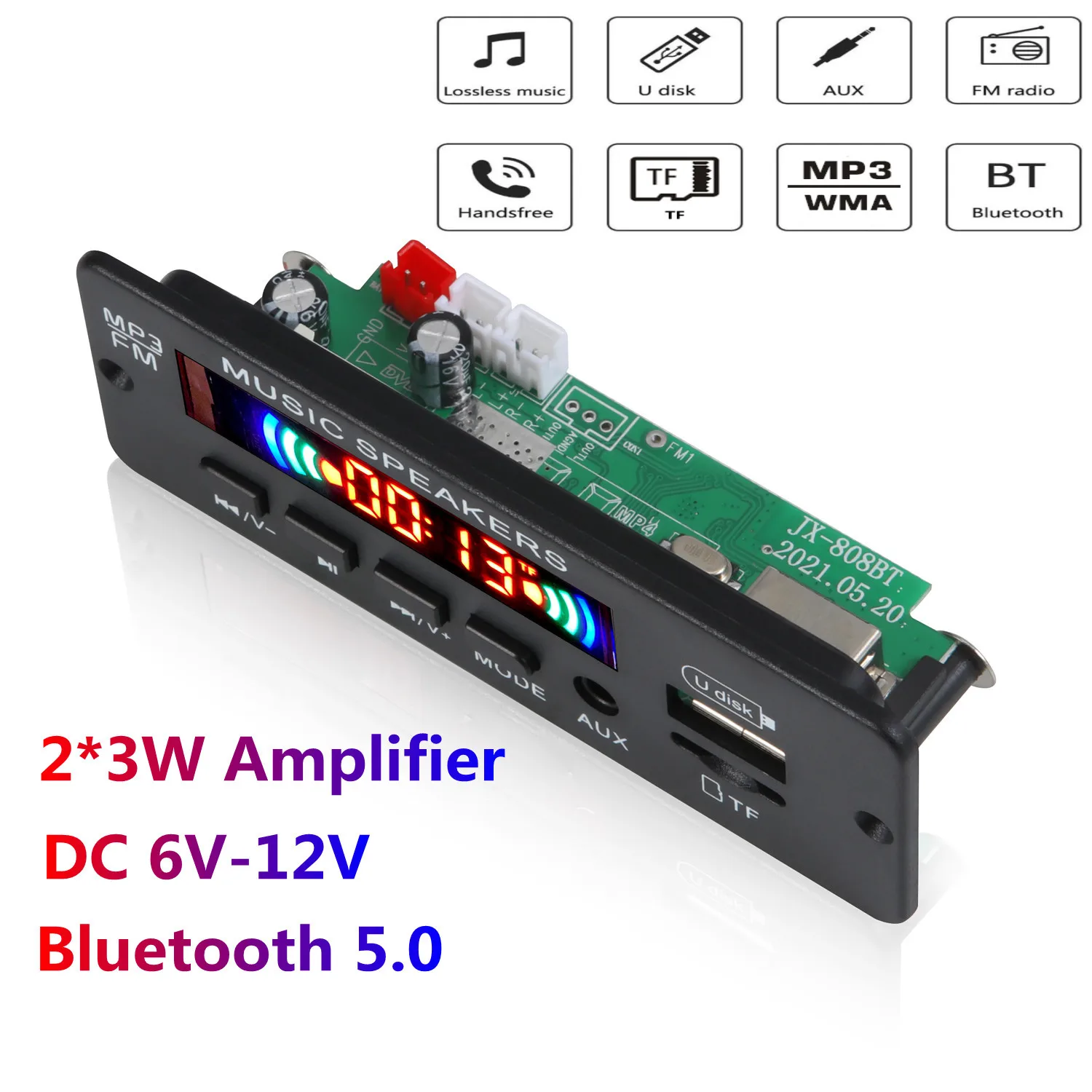 

12V Hands-Free MP3 Player Decoder Board Bluetooth 5.0 6W amplifier Car FM Radio Module Support FM TF USB AUX Recorders