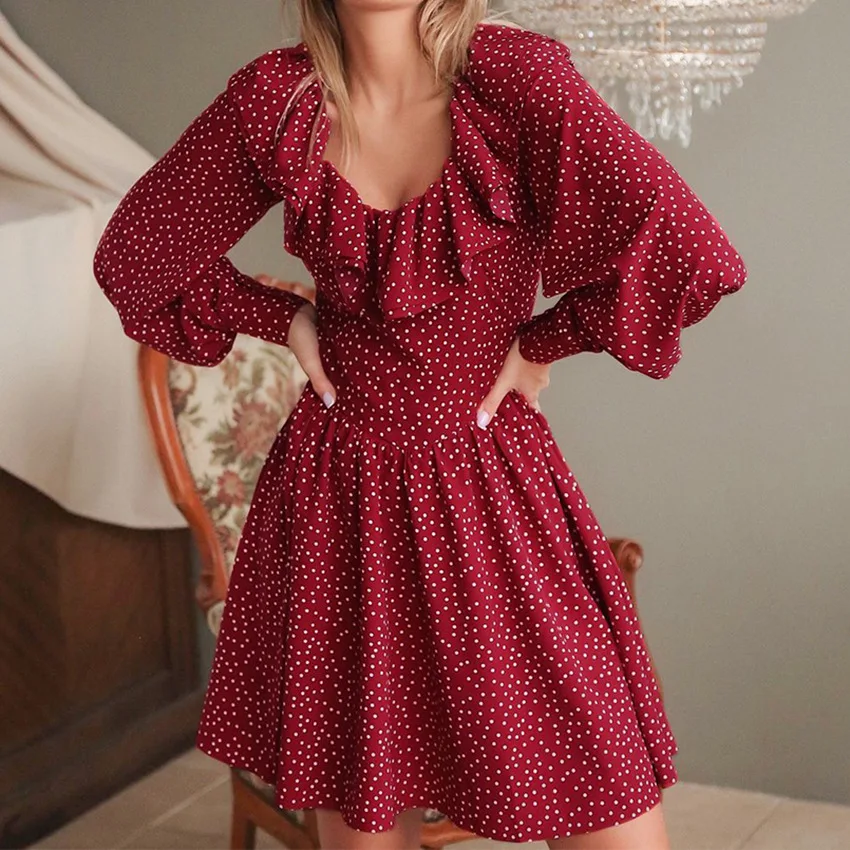 

Женское однотонное платье с длинными рукавами-фонариками и принтом