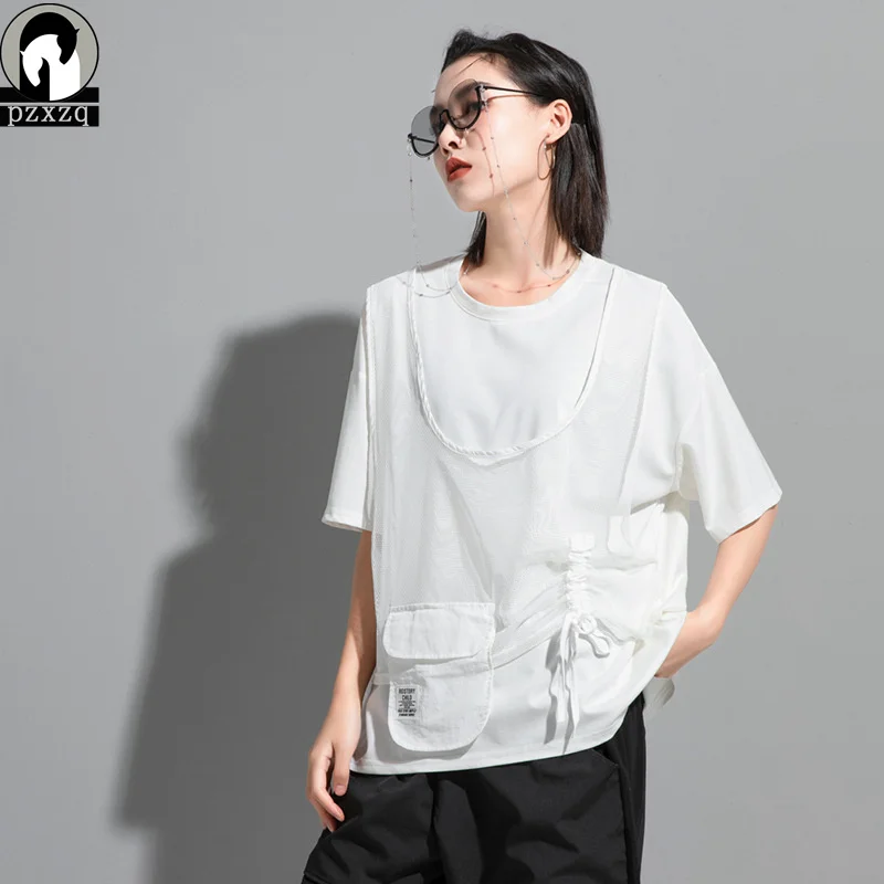 

Летняя новая женская уличная мода в стиле Харадзюку, Необычные топы из двух частей с вышивкой в клетку, футболка с короткими рукавами, Фем