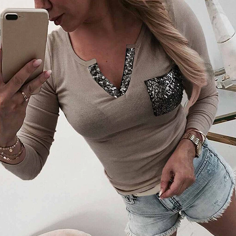 Модель с блестками v-образным вырезом Карманные женские Обрезанные футболки