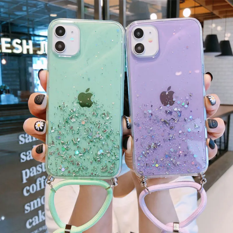 

Chain Lanyard Bling Stars Sequins Case For OPPO A5S AX5S A7 AX7 A3S F11 Pro F9 A8 A31 A9 A5 2020 A91 F15 F7 Cover Silicone Capa