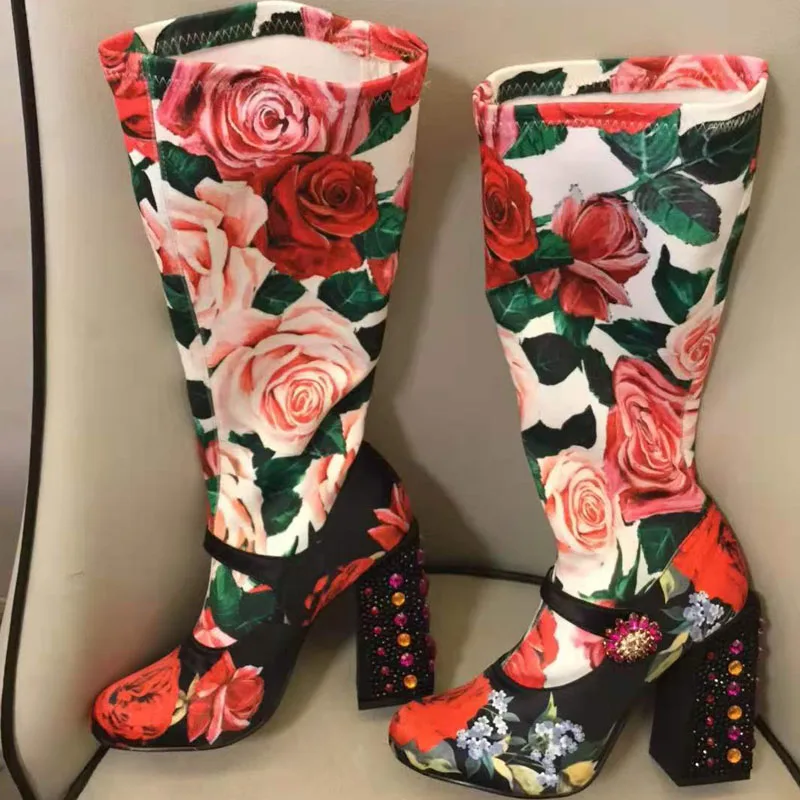 

2020 Luxury Flower Ankle Boots Woman Round Toe Mixed Color Crystal Diamond High Heels Botas De Mujer Sexy Stretch Sock Boots